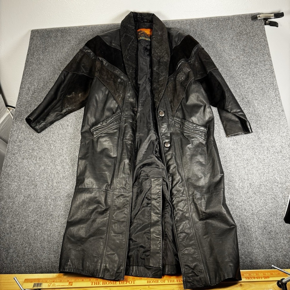 Vintage 80s Outbrook Leather Trench Coat Car Jacket Navajo Tribal Size L